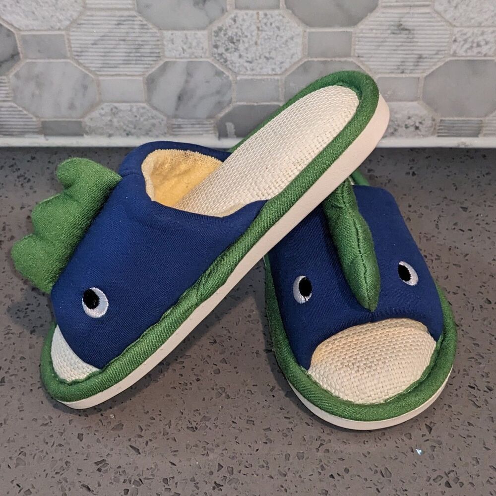 Kids Shark Animal House Slippers Sz-11/11.5 Blue Green SlipOn Slides House Shoes